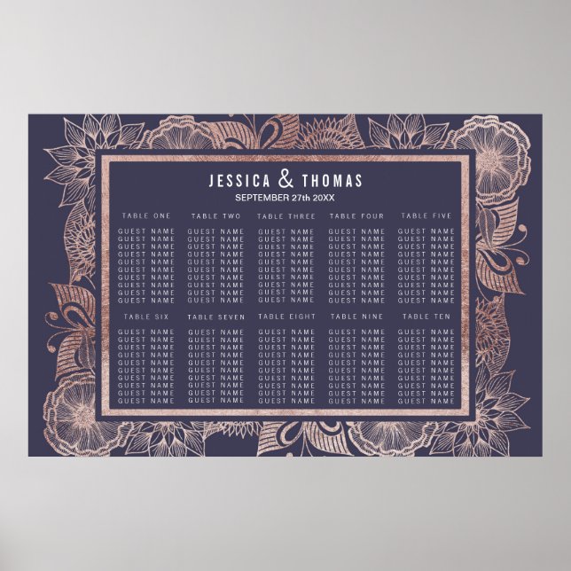 Poster Rose Gold Floral et Marine Blue Seating Chart (Devant)