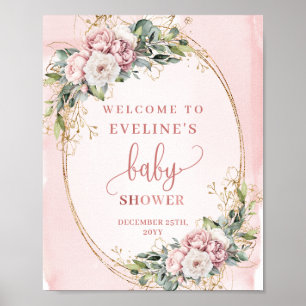 Poster Rose Gold Floral Eucalyptus Bienvenue Baby Shower