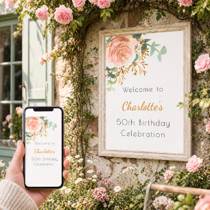 Poster Rose gold floral verdure fête d'anniversaire de bi