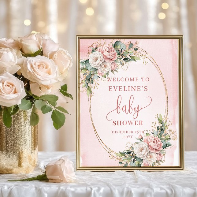 Poster Rose Gold Glitter Floral Welcome Baby Shower Sign (Rose Gold Glitter Floral Welcome Baby Shower Poster)