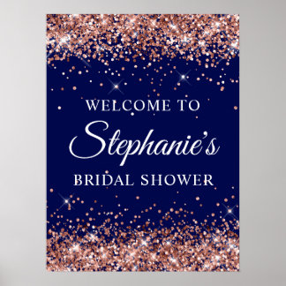 Poster Rose Gold Glitter Navy Bridal Shower Welcome