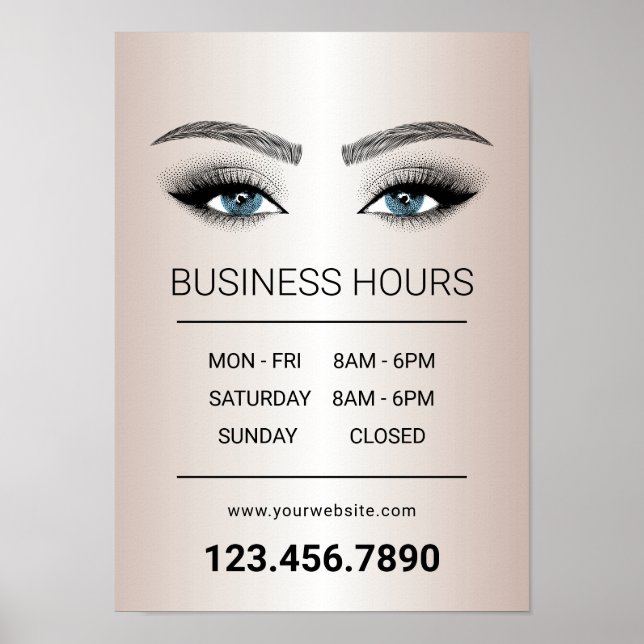 Poster Rose Gold Lashes Brows Beauty Salon Heures d'ouver (Devant)