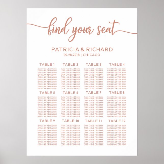 Poster Rose Gold Mariage Plan de siège Carte Calligraphie (Devant)
