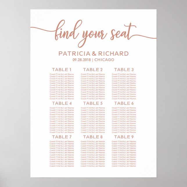Poster Rose Gold Mariage Siege Graphique Chic Calligraphi (Devant)