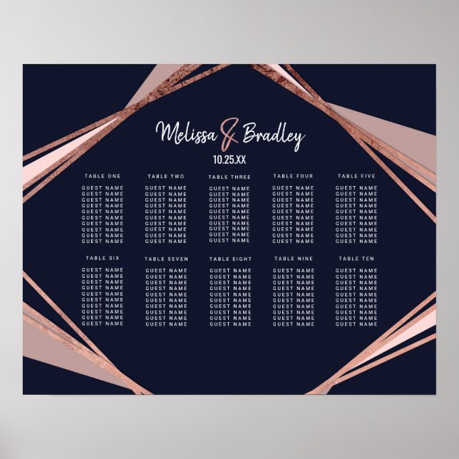 Poster Rose Gold Marine Blue Mauve Carte géométrique des  (Devant)