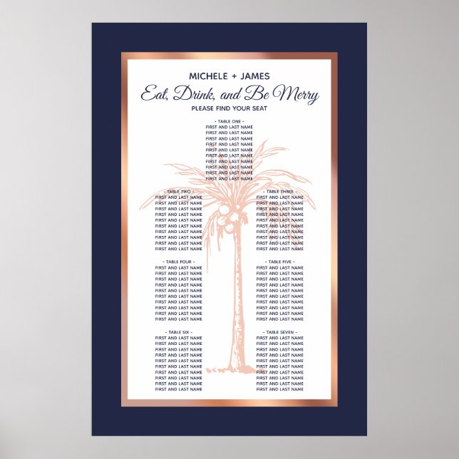 Poster Rose Gold Marine Palm Tropical Mariage Seing Chart (Devant)