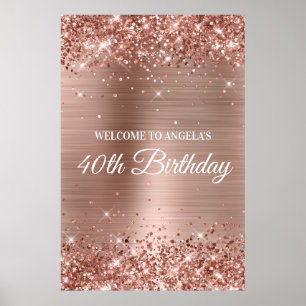 Poster Rose Gold Pailleté Feuille 40e Anniversaire Bienve