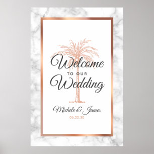 Poster Rose Gold Palm Tree Marbre Mariage Bienvenue