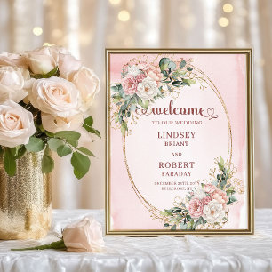 Poster Rose Gold Romantique Fleurs Verdure Mariage Bienve