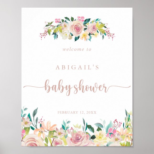 Poster Rose Gold Spring Baby shower Floral Bienvenue (Devant)