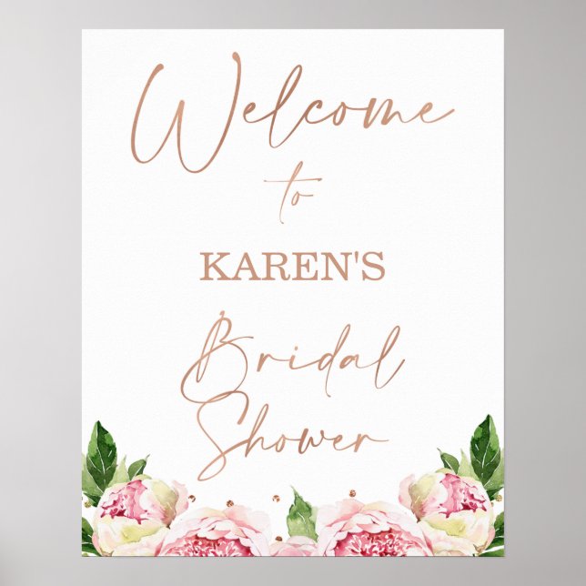 Poster Rose Gold Text Peonies Fête des mariées Bienvenue (Devant)