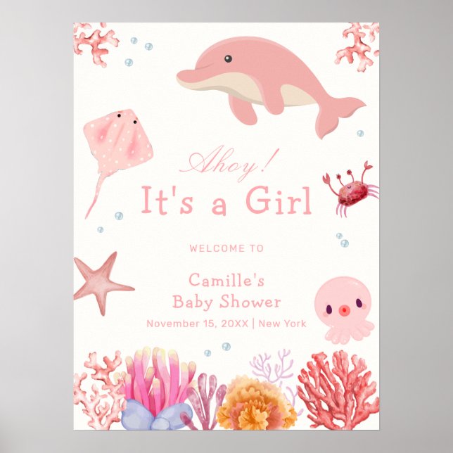 Poster Rose mignon sous mer Baby shower Dauphin Bienvenue (Devant)