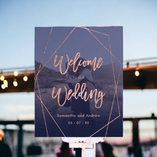 Poster Rose moderne or marine photo bienvenue mariage