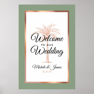 Poster Rose moderne Vert Gold Palm Mariage Bienvenue