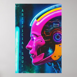 Poster Rose Néon Android Cyberpunk Âme Artificielle