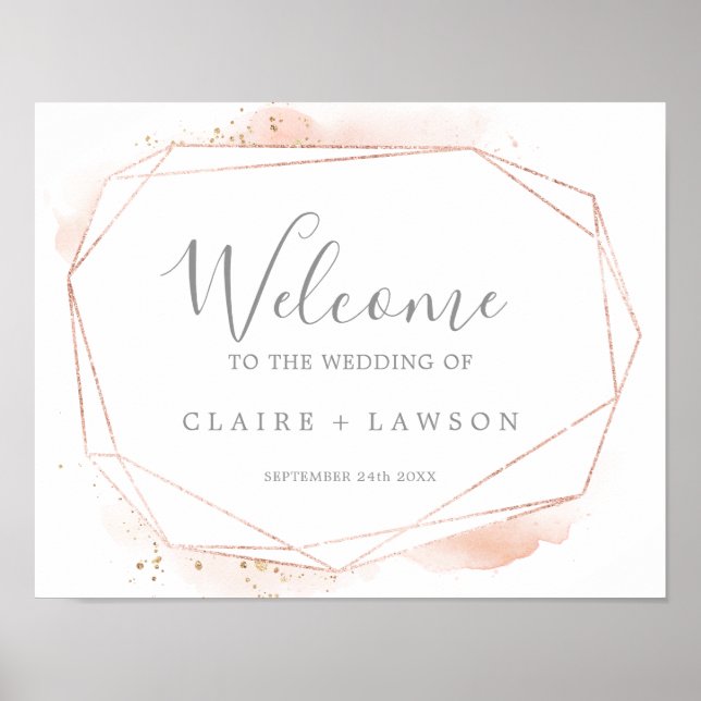 Poster Rose or aquarelle Mariage géométrique Bienvenue (Devant)