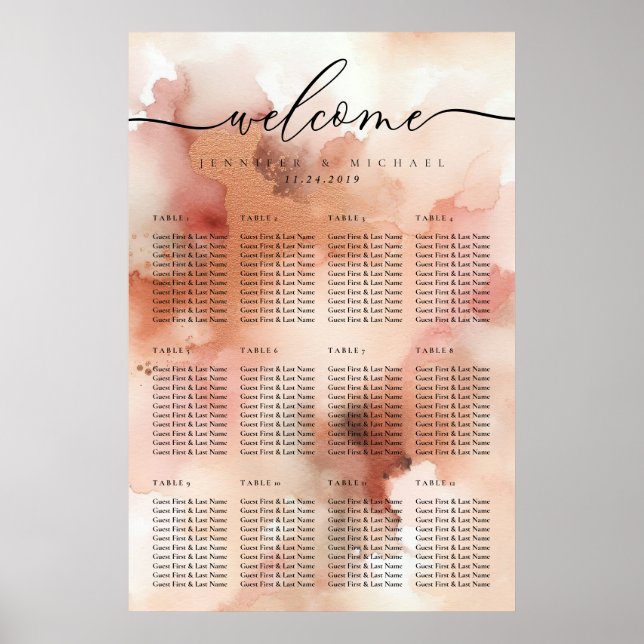 Poster Rose or Aquarelle rose Mariage Numéro de table (Devant)