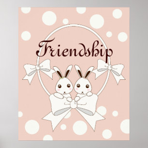 Poster Rose Pâle Ruban Blanc Cassé et Jolis Jumeaux Lapin