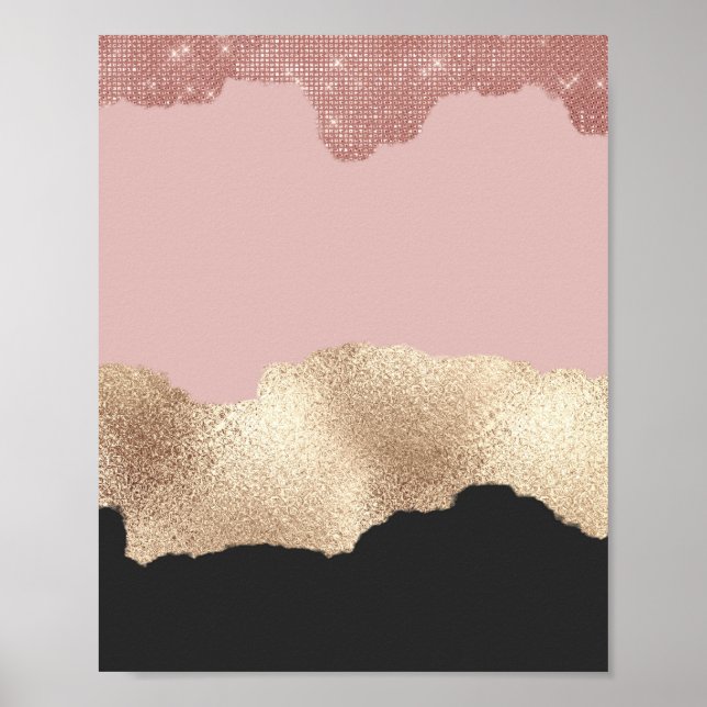 Poster Rose Parties scintillant or noir rose Abstrait Gir (Devant)