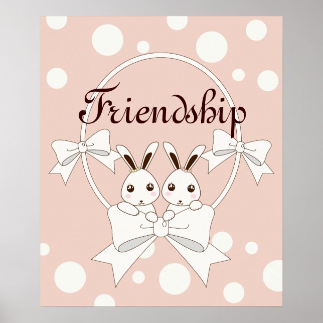 Poster Rose pastel ruban blanc cassé et jolis lapins jume (Devant)