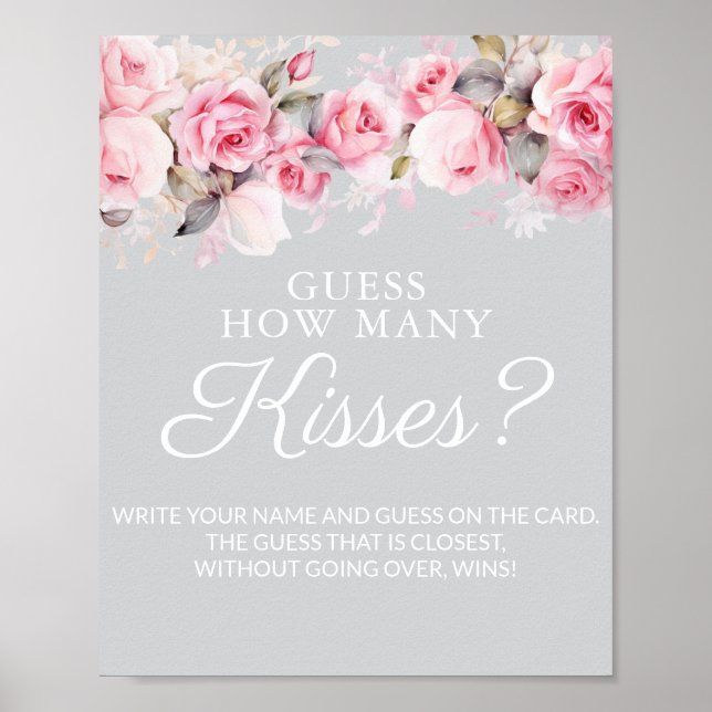 Poster Rose Pink Gray Bridal Shower Guess Kisses Game (Devant)