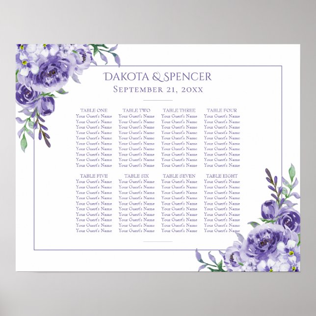 Poster Rose pourpre | Elégant Boho Floral 10 Seat Chart (Devant)