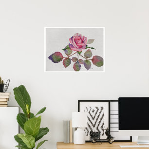Poster Rose rose avec feuilles abstraites aquarelle