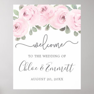 Poster Rose rose Eucalyptus Mariage Bienvenue