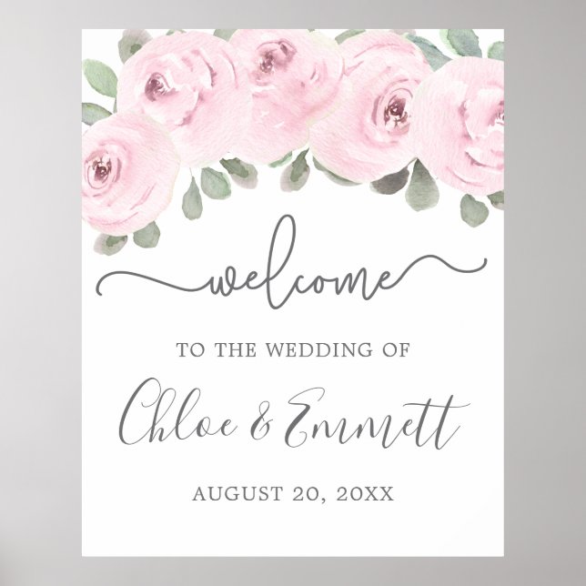 Poster Rose rose Eucalyptus Mariage Bienvenue (Devant)