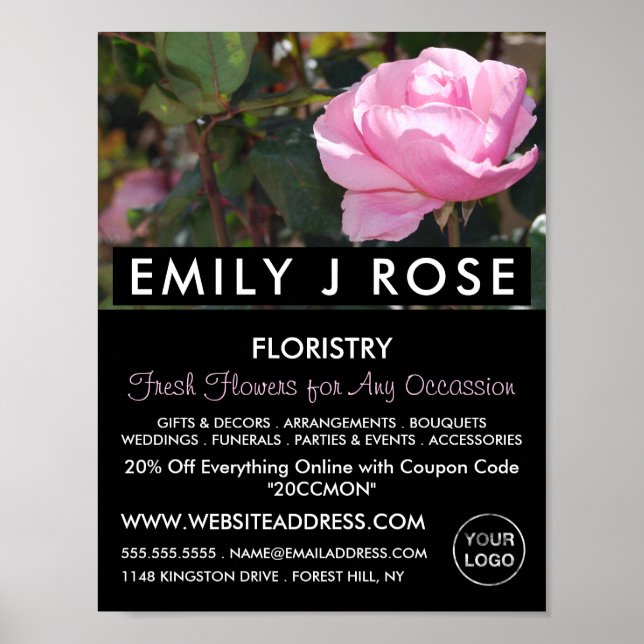 Poster Rose rose, fleuriste, fleuriste publicité (Devant)
