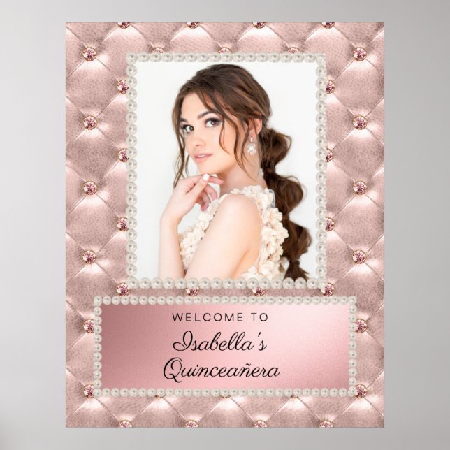 Poster Rose Rose Or Perles Blanches Quinceañera Photo (Devant)