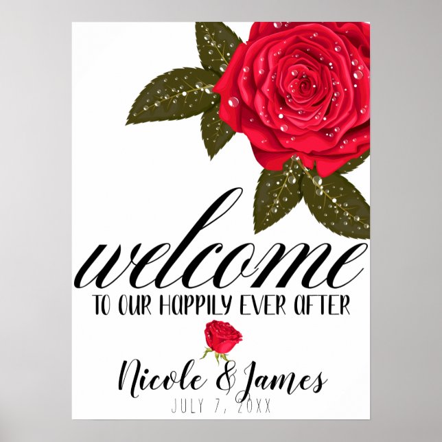 Poster Rose rouge eau humide gouttes Mariage Bienvenue (Devant)