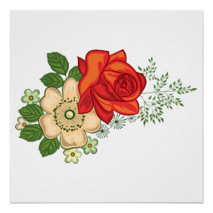 Poster Rose rouge et marguerites