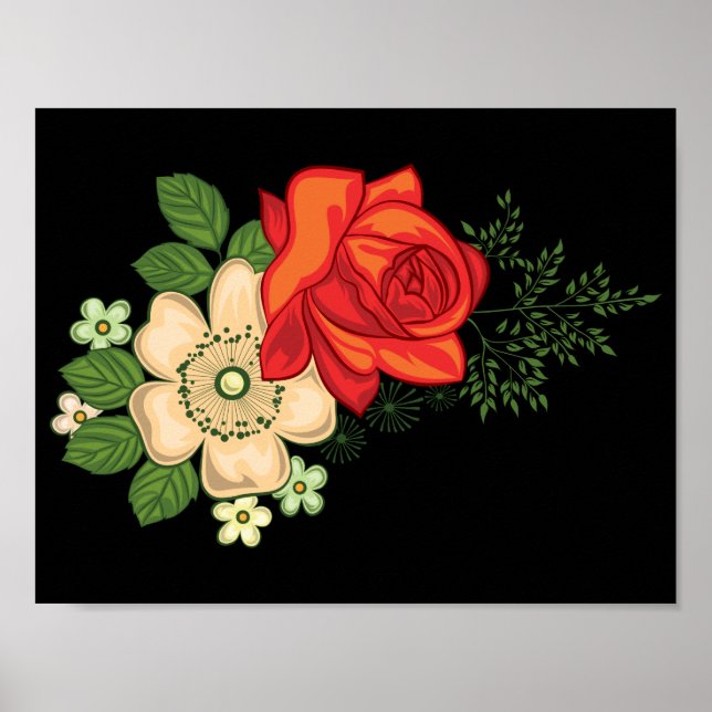 Poster Rose rouge et marguerites Arrière - plan noir (Devant)