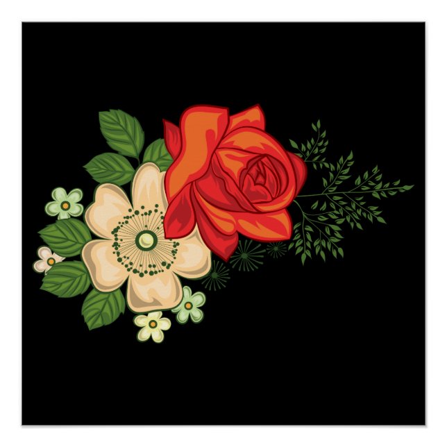 Poster Rose rouge et marguerites Arrière - plan noir (Devant)