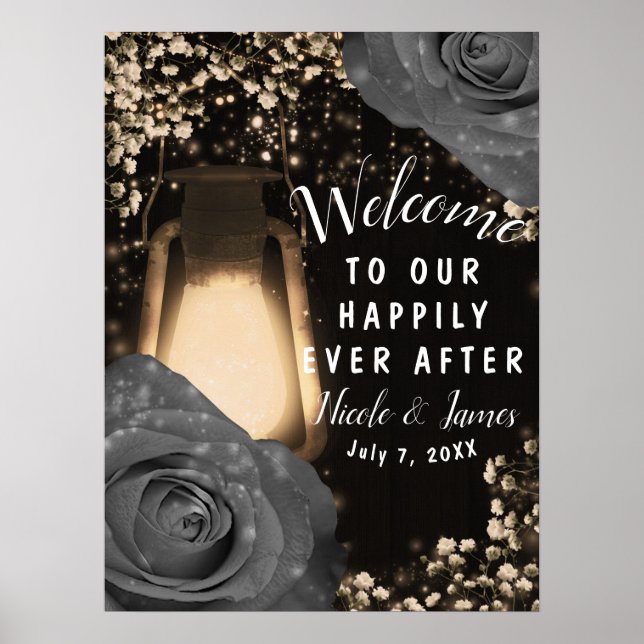 Poster Rose Russe Glow Lantern Gris Bienvenue Mariage (Devant)