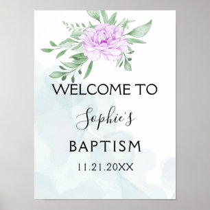 Poster Rose violet Eucalyptus Feuilles Baptême Bienvenue