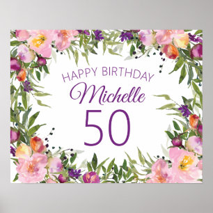 Poster Rose violet Floral Vert Feuilles 50e anniversaire