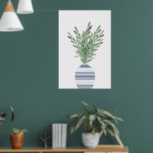 Rosemaire d'aquarelle et vase rayé bleu