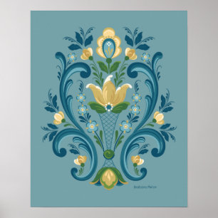 Poster Rosemaling bleu et or