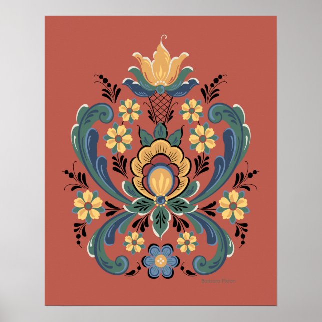 Poster Rosemaling rouge et or (Devant)