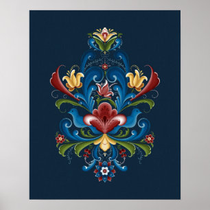 Poster Rosemaling scandinave bleu rouge folklorique