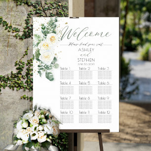 Poster Roses blanches   Carte de siège Mariage Eucalyptus