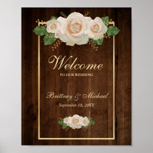 Poster Roses blanches en bois rustique et cadre en or M