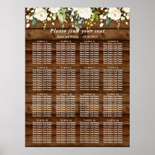 Poster Roses blanches Floral 16 Tables Mariage GRAPHIQUE
