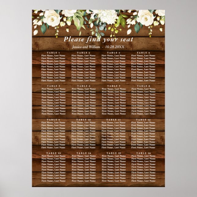 Poster Roses blanches Floral 16 Tables Mariage GRAPHIQUE  (Devant)