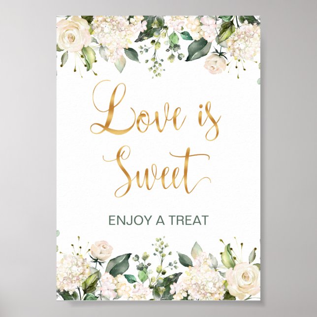 Poster Roses blanches, hydrangée L'amour est doux signe (Devant)