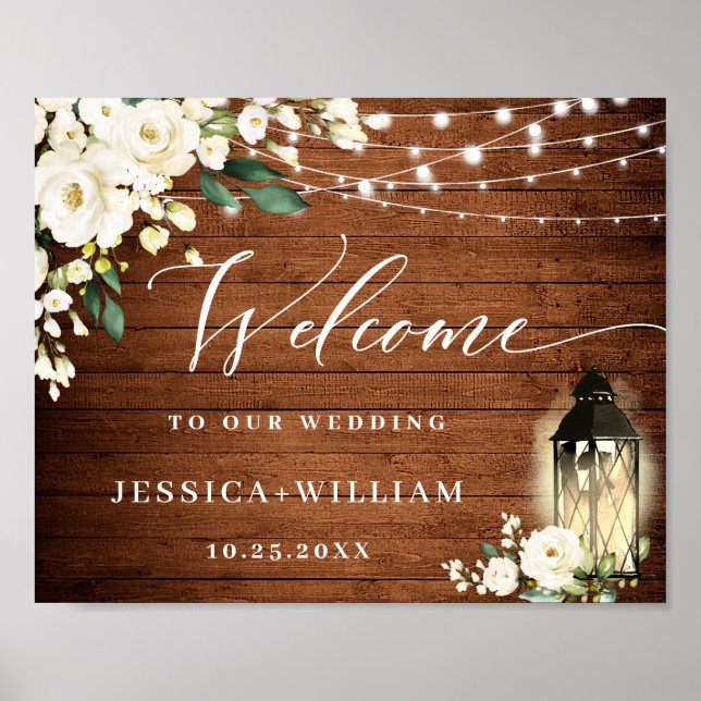 Poster Roses blanches Lanterne Bois rustique Mariage de b (Devant)