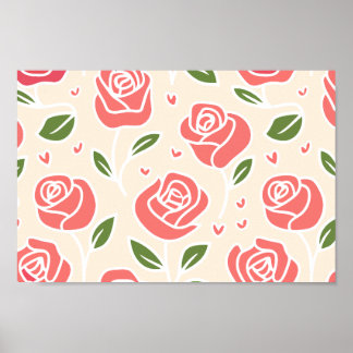 Poster Roses coralliens et Feuilles verts avec accents ca