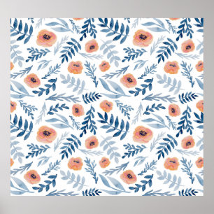 Poster Roses d'aquarelle : Feuilles bleus sans couture